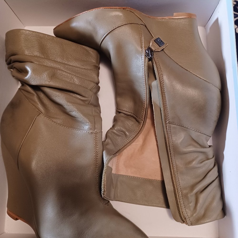 Grayish-Green Wedge Booties